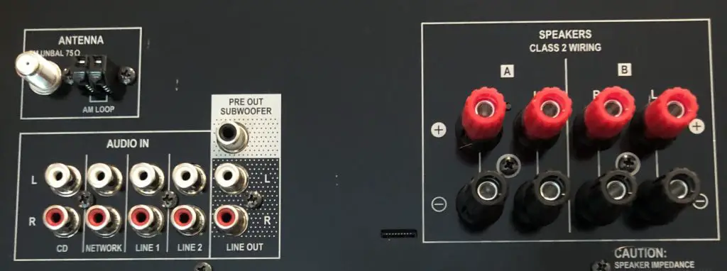 close up example of left and right speaker terminals on a receiver