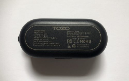 Tozo T10 wireless earbuds case bottom and spec sheet