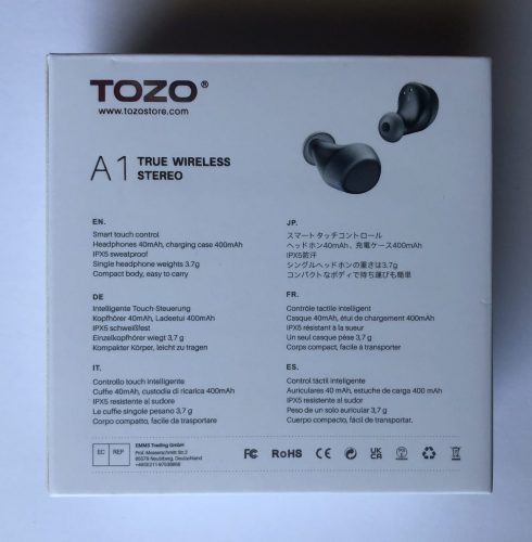 TOZO A1 Mini wireless earbuds back of box product specs