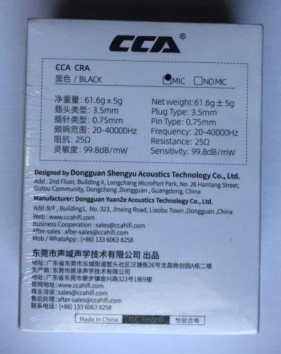 CCA CRA earphones back of box product information