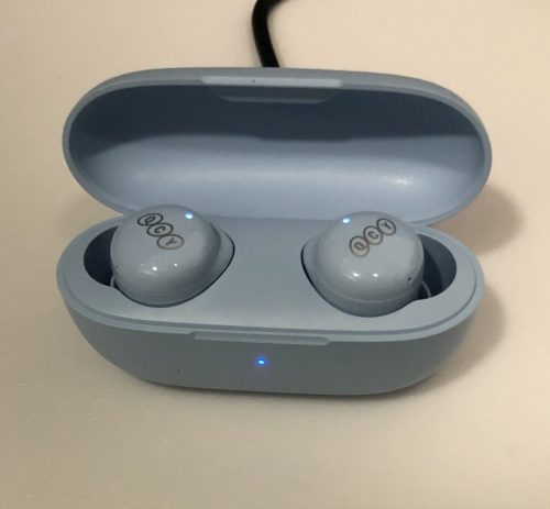 QCY T17 wireless earbuds and chase plugged in and charging up