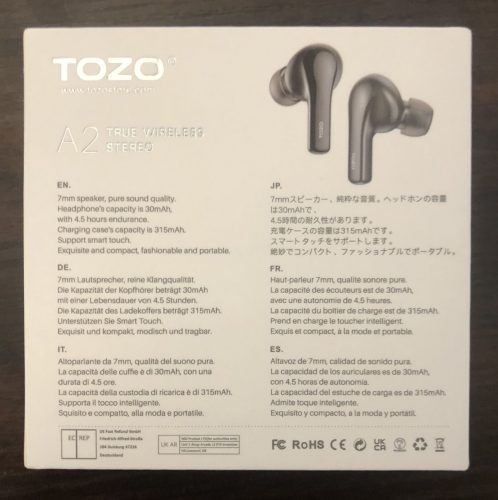 Tozo A2 Mini back of box with product specs