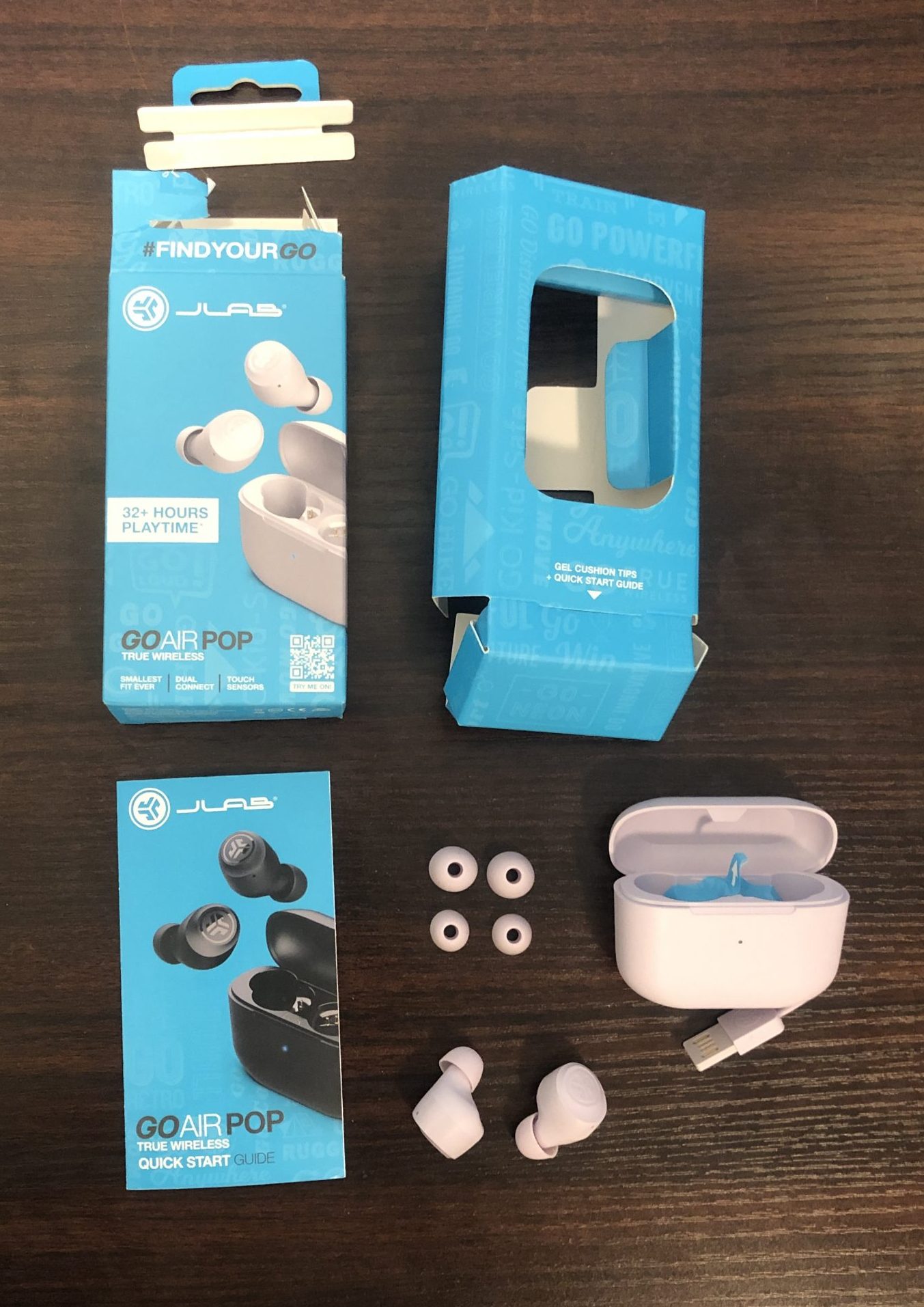 JLAB Go Air Pop earbuds contents out of the box
