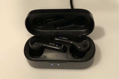 TOZO T9 case and earbuds plugged in and chargingup