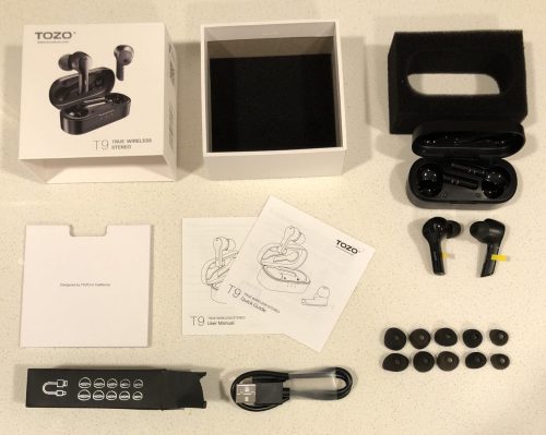 TOZO T9 earbuds out of the box packaging and accessories