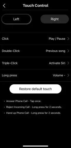 TOZO app touch control customizer options