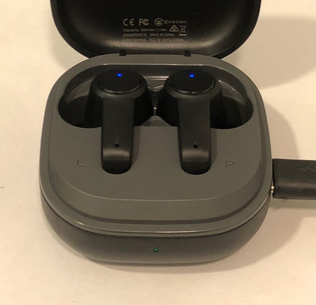 SoundPEATS T3 earbuds in case plugged in and charging