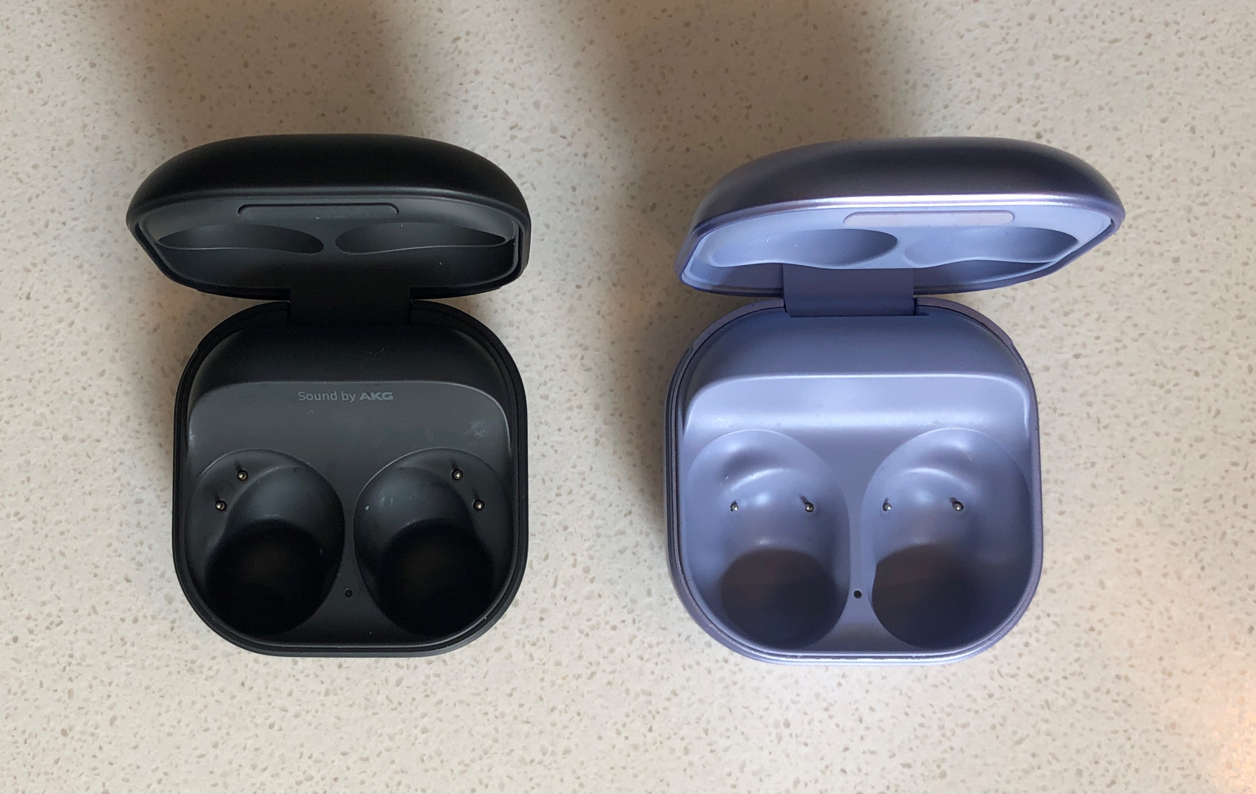Samsung Galaxy Buds2 Pro vs Buds Pro charging and carrying case opened inside